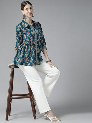 Yufta Blue Floral Print Top - Distacart