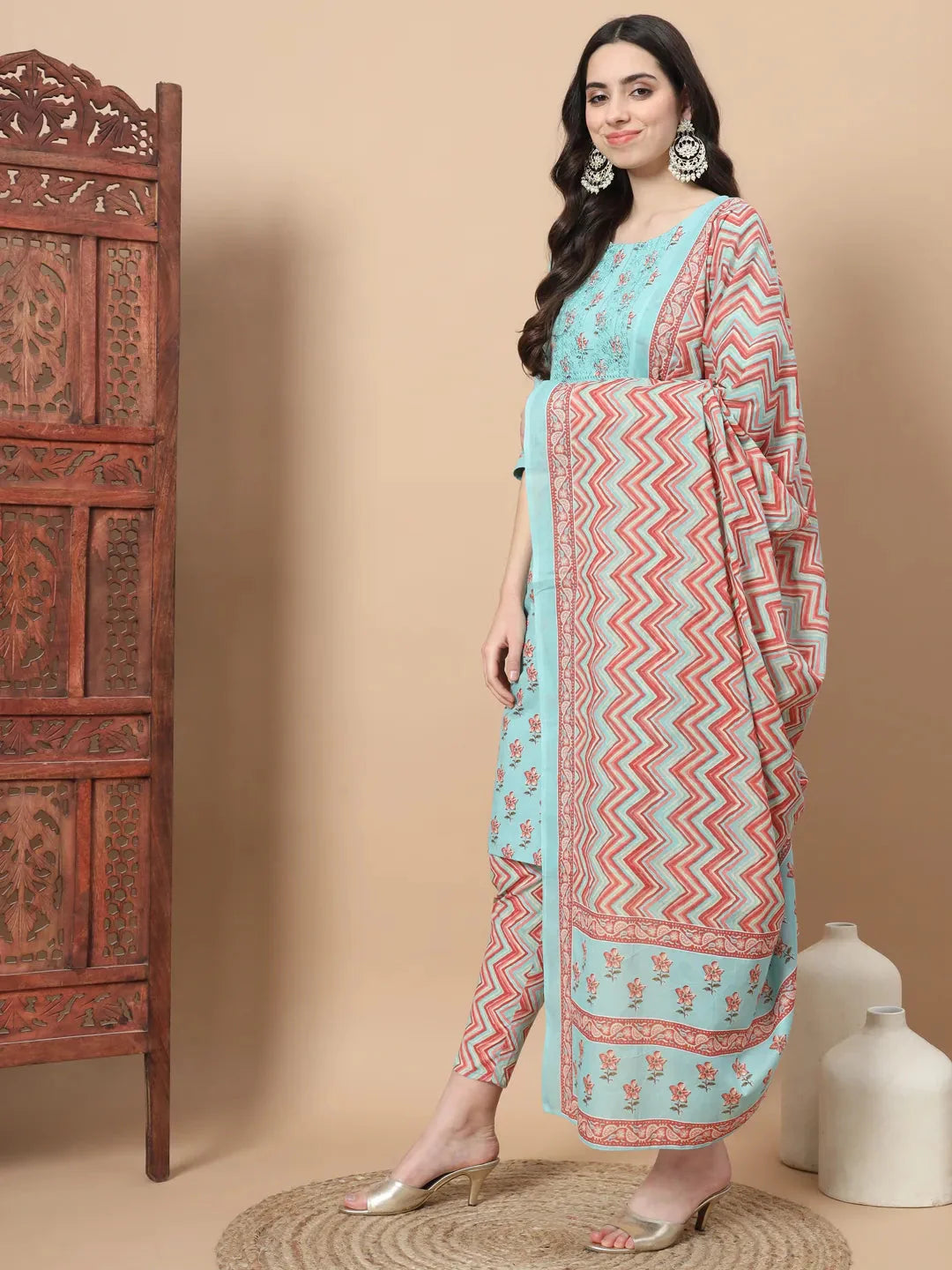 Yufta Blue Floral,Sequins_Work Straight Kurta Trouser And Dupatta Set - Distacart