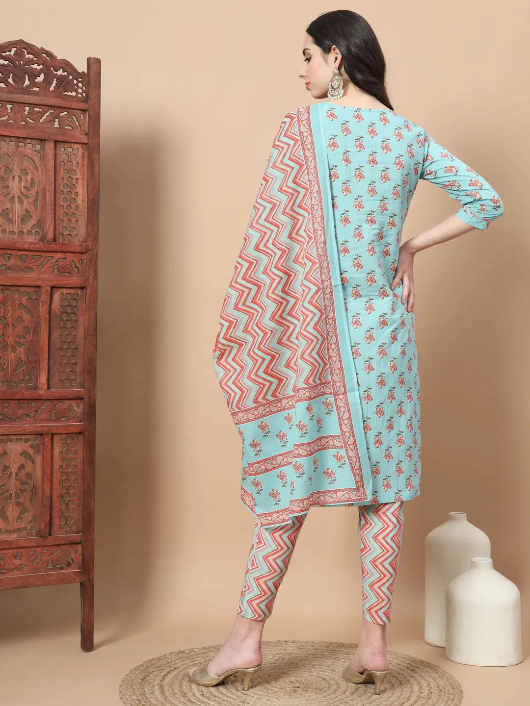Yufta Blue Floral,Sequins_Work Straight Kurta Trouser And Dupatta Set - Distacart