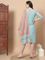 Thumbnail for Yufta Blue Floral,Sequins_Work Straight Kurta Trouser And Dupatta Set - Distacart