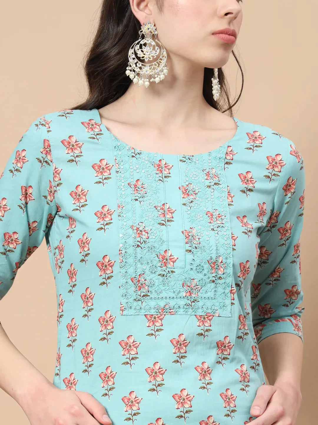 Yufta Blue Floral,Sequins_Work Straight Kurta Trouser And Dupatta Set - Distacart