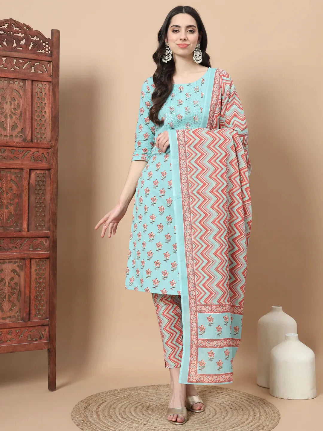 Yufta Blue Floral,Sequins_Work Straight Kurta Trouser And Dupatta Set - Distacart