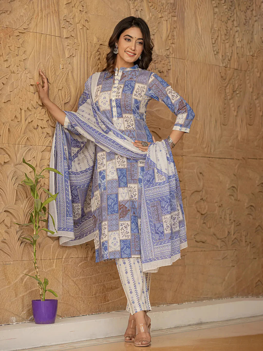 Yufta Blue Geometric Print Straight Kurta Trouser And Dupatta Set - Distacart