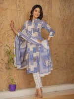 Thumbnail for Yufta Blue Geometric Print Straight Kurta Trouser And Dupatta Set