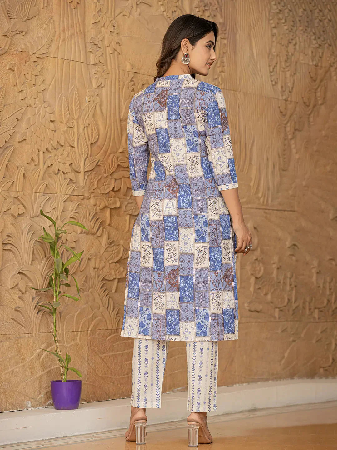 Yufta Blue Geometric Print Straight Kurta Trouser And Dupatta Set