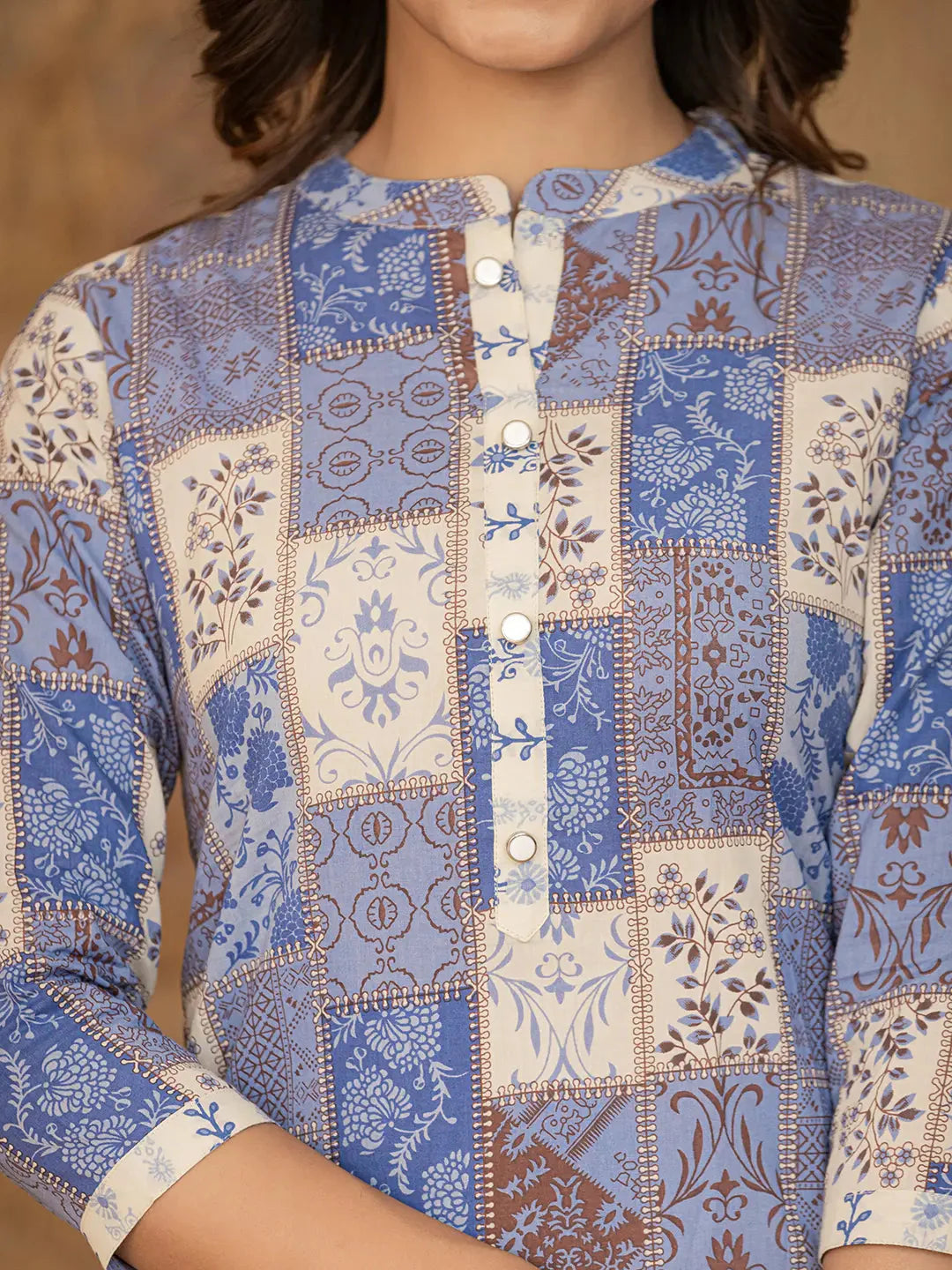 Yufta Blue Geometric Print Straight Kurta Trouser And Dupatta Set