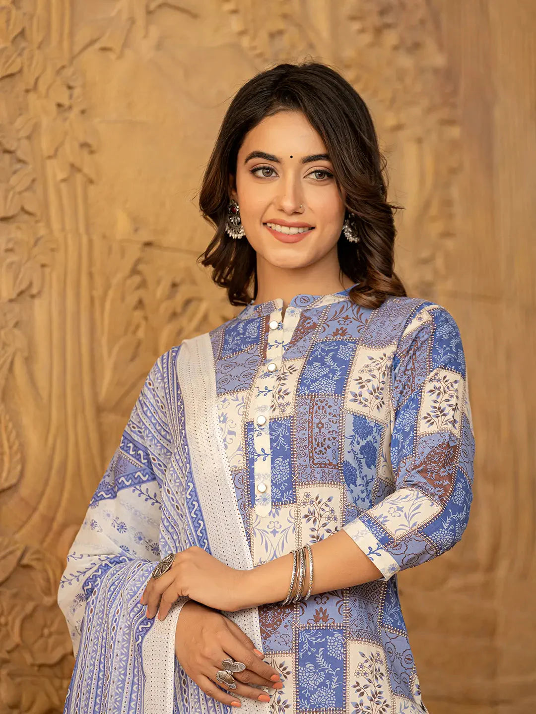 Yufta Blue Geometric Print Straight Kurta Trouser And Dupatta Set