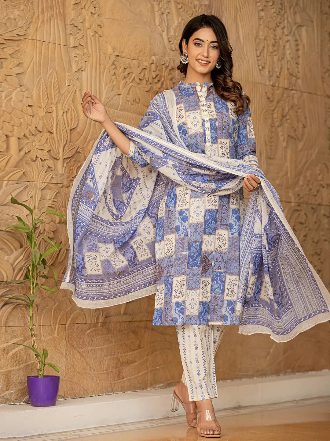 Yufta Blue Geometric Print Straight Kurta Trouser And Dupatta Set