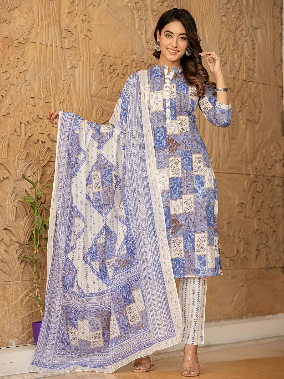 Yufta Blue Geometric Print Straight Kurta Trouser And Dupatta Set