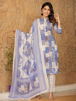 Thumbnail for Yufta Blue Geometric Print Straight Kurta Trouser And Dupatta Set