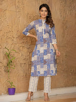 Thumbnail for Yufta Blue Geometric Print Straight Kurta Trouser And Dupatta Set