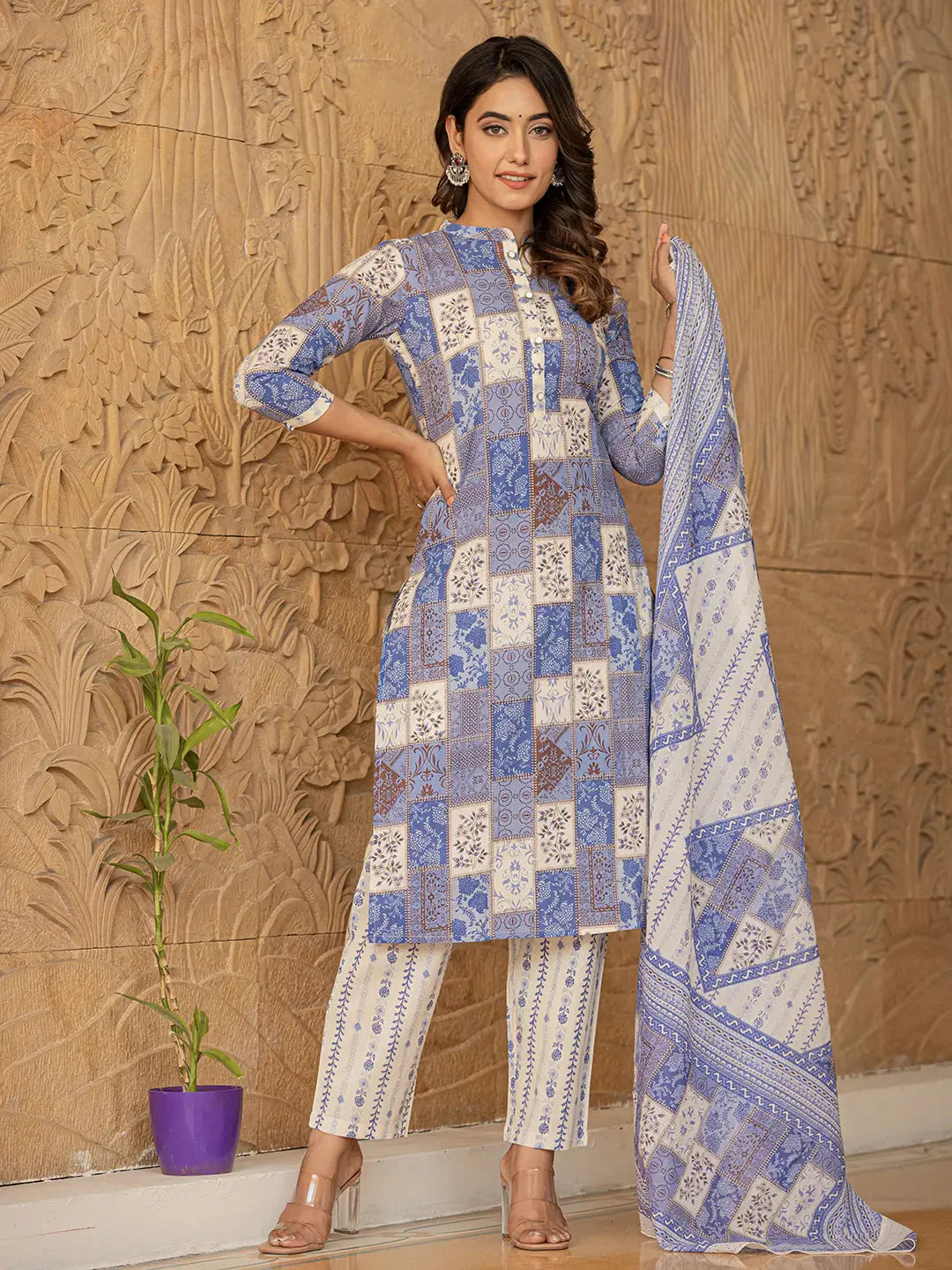 Yufta Blue Geometric Print Straight Kurta Trouser And Dupatta Set - Distacart
