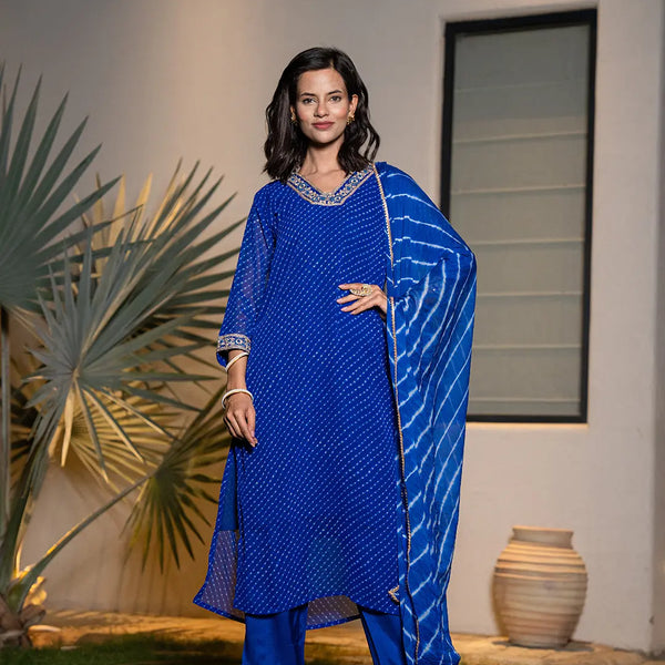 Yufta Blue Georgette Lehriya Kurta Dupatta Set - Distacart