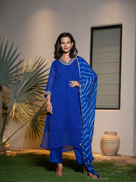 Yufta Blue Georgette Lehriya Kurta Dupatta Set