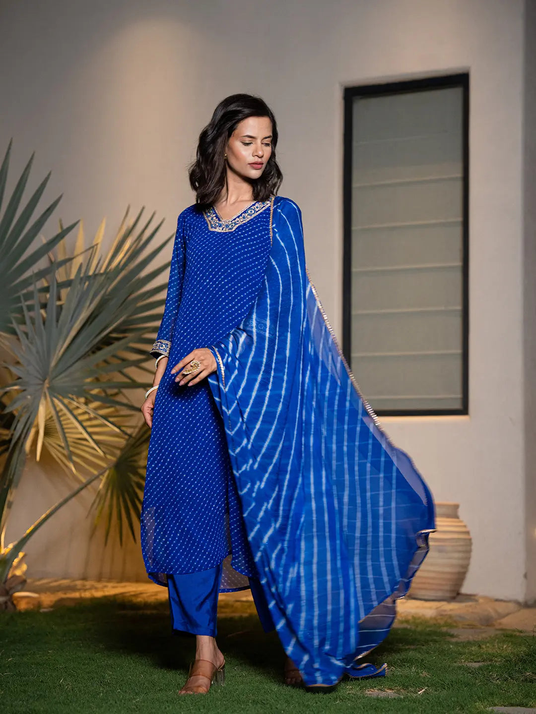 Yufta Blue Georgette Lehriya Kurta Dupatta Set - Distacart