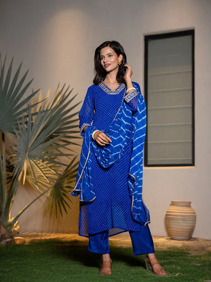 Yufta Blue Georgette Lehriya Kurta Dupatta Set - Distacart