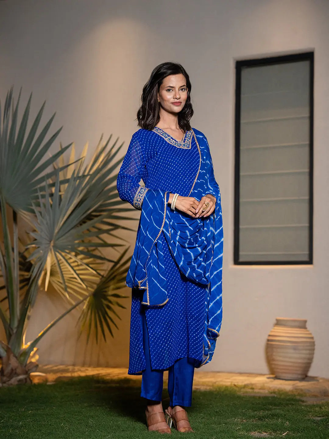 Yufta Blue Georgette Lehriya Kurta Dupatta Set