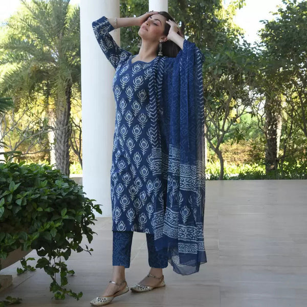 Malishka Women's Printed Blue Cotton Rayon Kurta Set With Dupatta - Distacart