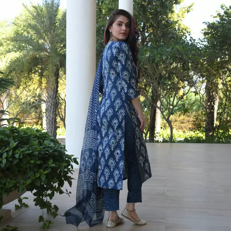 Malishka Women's Printed Blue Cotton Rayon Kurta Set With Dupatta - Distacart
