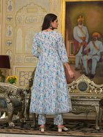 Thumbnail for Yufta Blue Leaf Print Zari Work Anarkali Kurta Trouser With Dupatta Set - Distacart