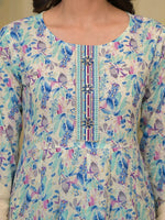 Thumbnail for Yufta Blue Leaf Print Zari Work Anarkali Kurta Trouser With Dupatta Set - Distacart