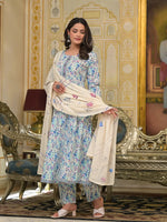 Thumbnail for Yufta Blue Leaf Print Zari Work Anarkali Kurta Trouser With Dupatta Set - Distacart