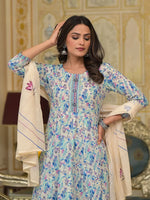 Thumbnail for Yufta Blue Leaf Print Zari Work Anarkali Kurta Trouser With Dupatta Set - Distacart