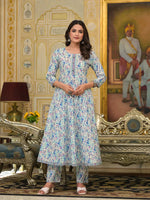 Thumbnail for Yufta Blue Leaf Print Zari Work Anarkali Kurta Trouser With Dupatta Set - Distacart