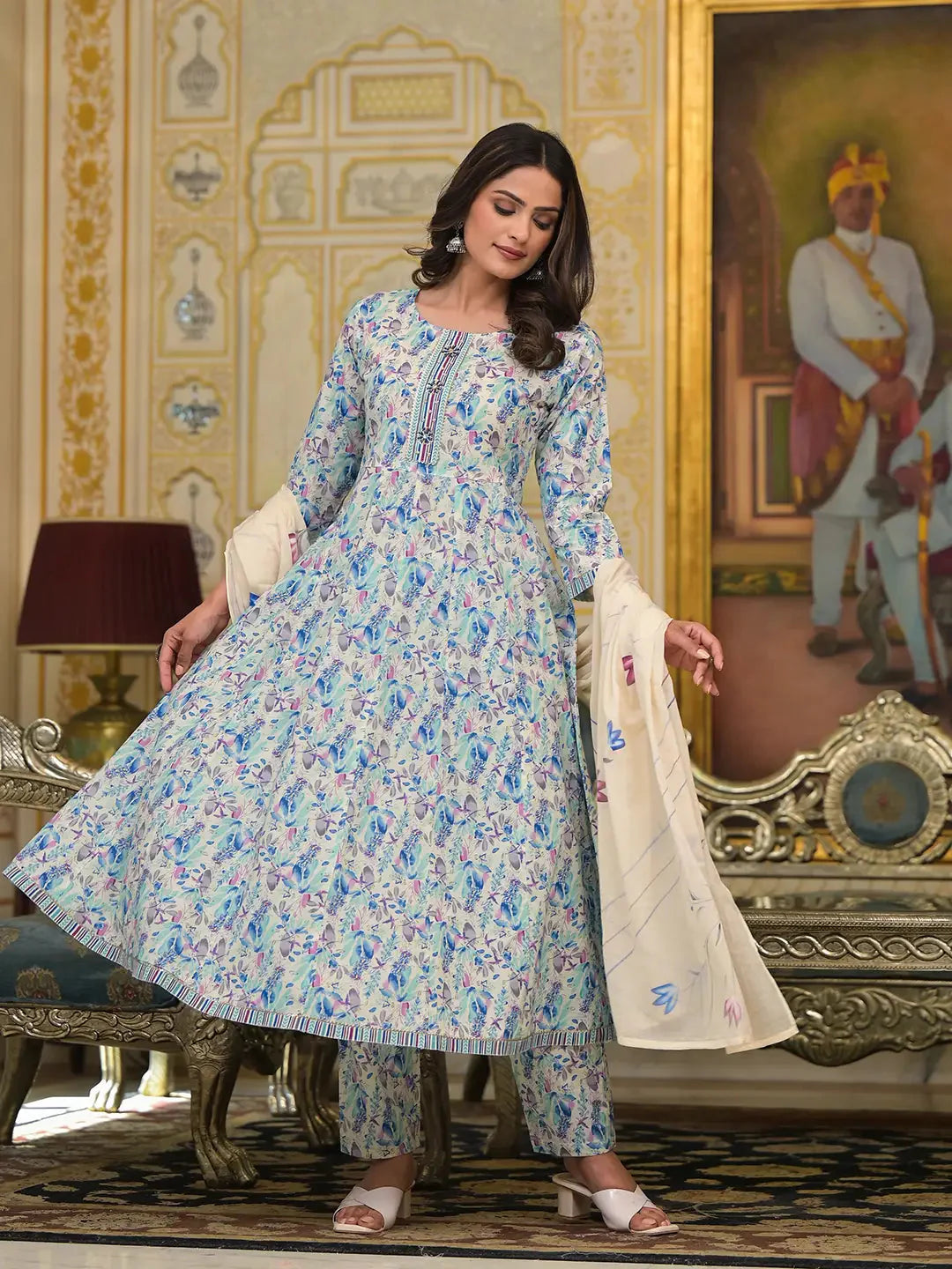 Yufta Blue Leaf Print Zari Work Anarkali Kurta Trouser With Dupatta Set - Distacart