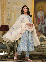 Thumbnail for Yufta Blue Leaf Print Zari Work Anarkali Kurta Trouser With Dupatta Set - Distacart