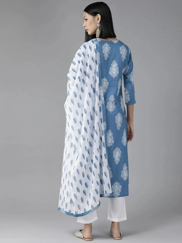 Yufta Blue Paisley Printed Dupatta Set