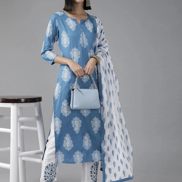 Yufta Blue Paisley Printed Dupatta Set - Distacart