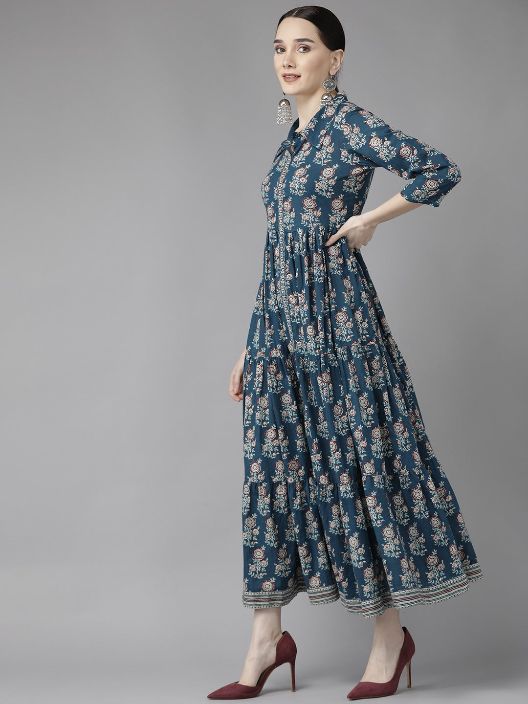 Yufta Blue Print Cotton Maxi Dress - Distacart