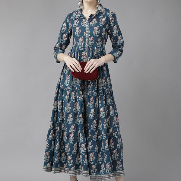 Yufta Blue Print Cotton Maxi Dress - Distacart