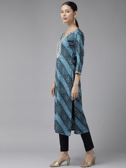 Yufta Blue Printed Kurta - Distacart