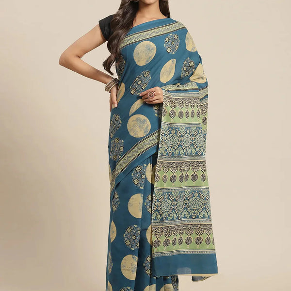 Yufta Blue Printed Saree - Distacart