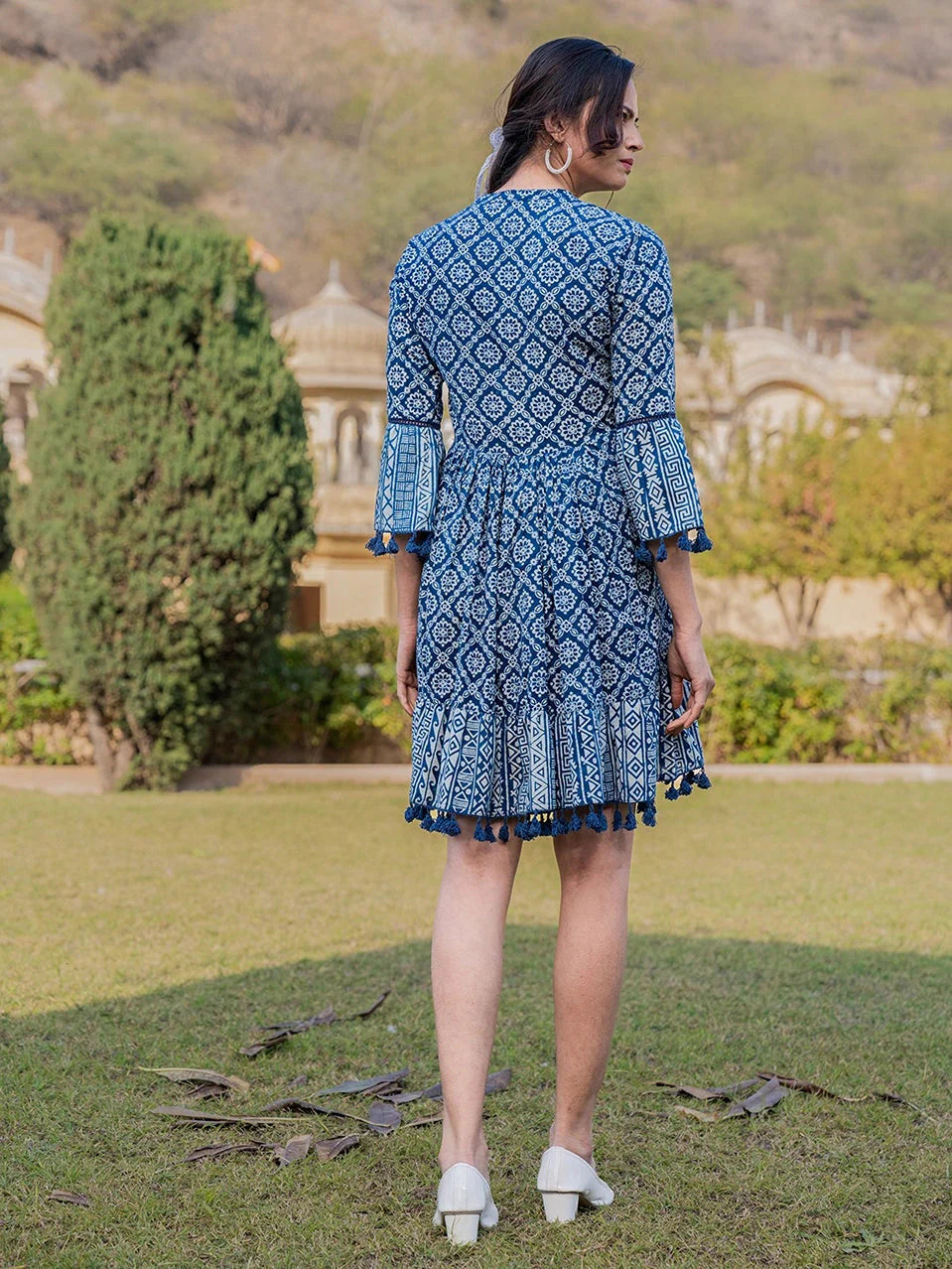 Yufta Blue Pure Cotton Ethnic Motifs Less Border Tassels Were Dress - Distacart