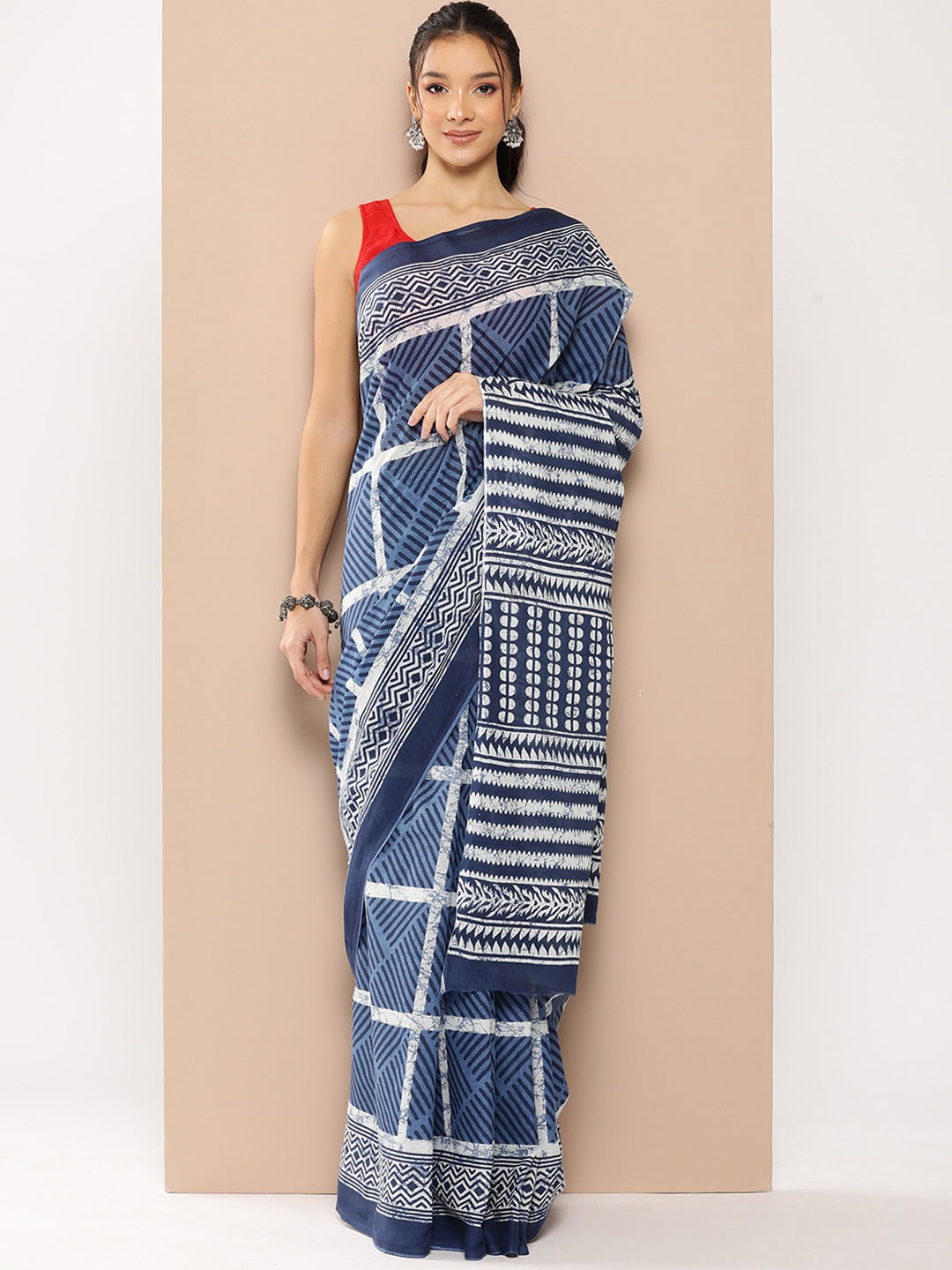 Yufta Blue Striped Mulmul Cotton Sarees With Unstitched Blouse - Distacart