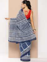 Thumbnail for Yufta Blue Striped Mulmul Cotton Sarees With Unstitched Blouse