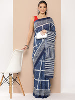 Thumbnail for Yufta Blue Striped Mulmul Cotton Sarees With Unstitched Blouse
