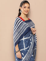 Thumbnail for Yufta Blue Striped Mulmul Cotton Sarees With Unstitched Blouse