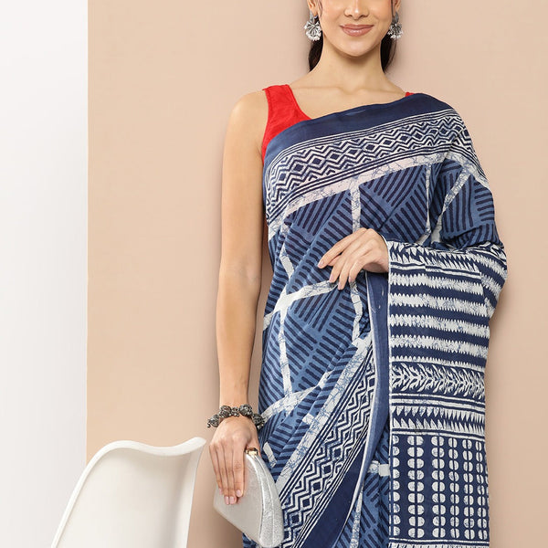 Yufta Blue Striped Mulmul Cotton Sarees With Unstitched Blouse - Distacart