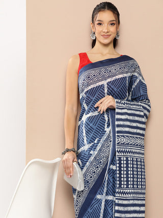 Yufta Blue Striped Mulmul Cotton Sarees With Unstitched Blouse - Distacart