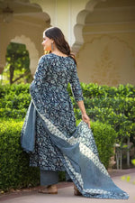 Thumbnail for Malishka Women's Printed Blue Cotton Blend Kurta Set With Dupatta - Distacart