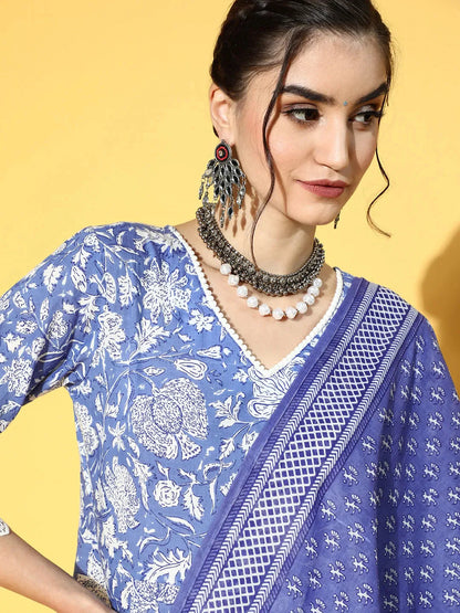 Yufta Blue & White Floral Printed Dupatta Set - Distacart