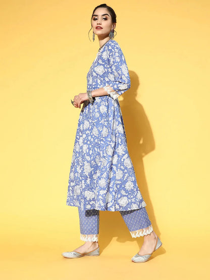 Yufta Blue & White Floral Printed Dupatta Set - Distacart