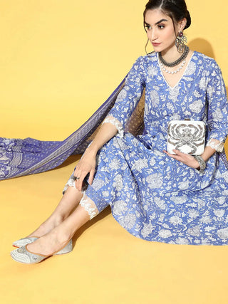 Yufta Blue & White Floral Printed Dupatta Set - Distacart