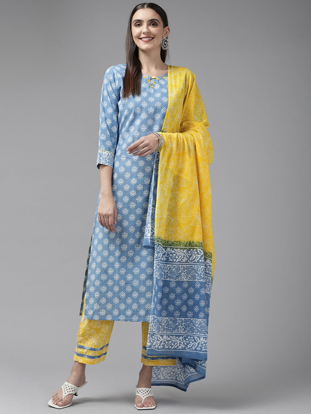 Yufta Blue & Yellow Ethnic Printed Dupatta Set - Distacart