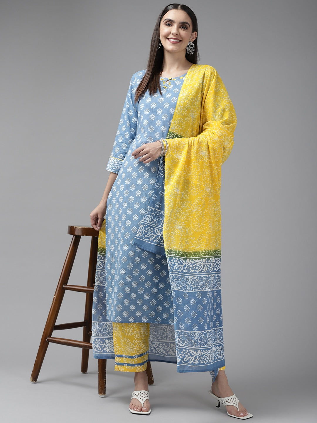 Yufta Blue & Yellow Ethnic Printed Dupatta Set - Distacart