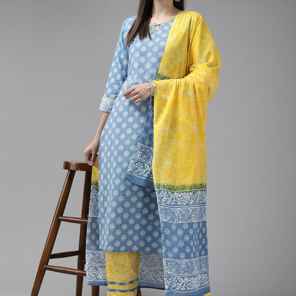 Yufta Blue & Yellow Ethnic Printed Dupatta Set - Distacart
